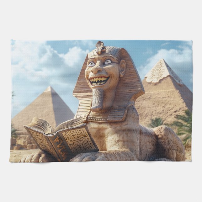 Funny Sphinx Statue Lesen antikes Buch in Ägypten Geschirrtuch (Horizontal)