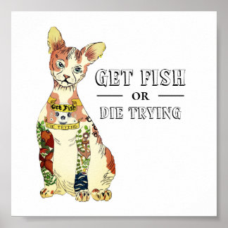 Funny Sphynx Katze mit Fisch Die versuchen Tattoo Poster