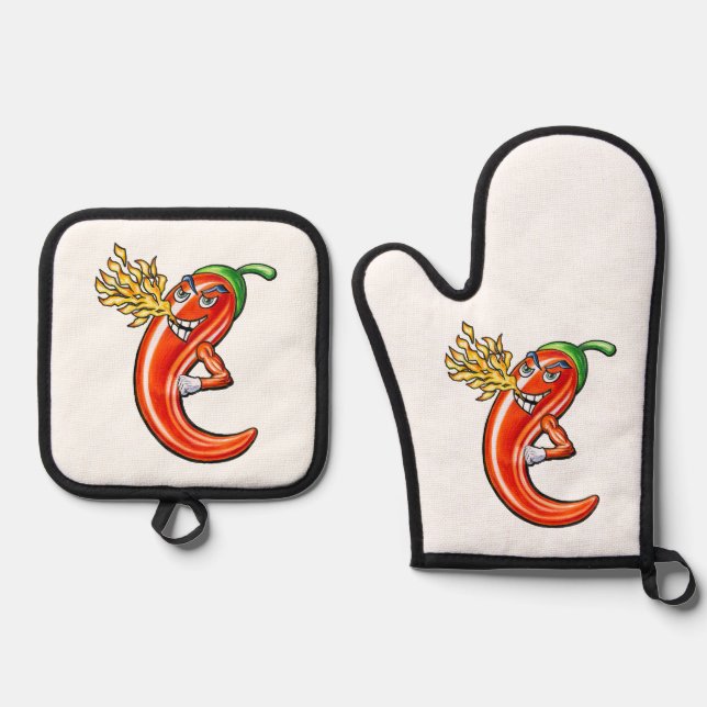 Funny Spicy Chili on Fire Ofenhandschuh & Topflappen-Set (Vorderseite)