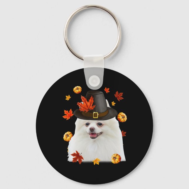 Funny Spitz Hund Pilgrim Hat Fall glücklich Danke Schlüsselanhänger (Vorderseite)