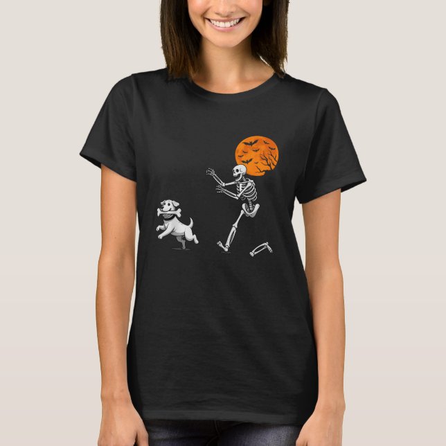 Funny Spooky Spaß Halloween Skeleton Jasing Hund T-Shirt (Vorderseite)