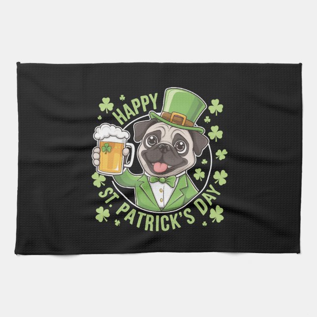 Funny St. Patrick’s Day Pug with Beer Mug Geschirrtuch (Horizontal)