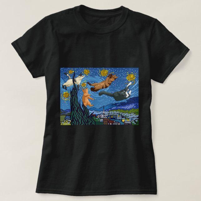 Funny Starry Night Cat Niedlich Art Paint für Katz T-Shirt (Design vorne)