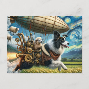 Funny Steampunk Border Collie with Sheep and Blimp Postkarte