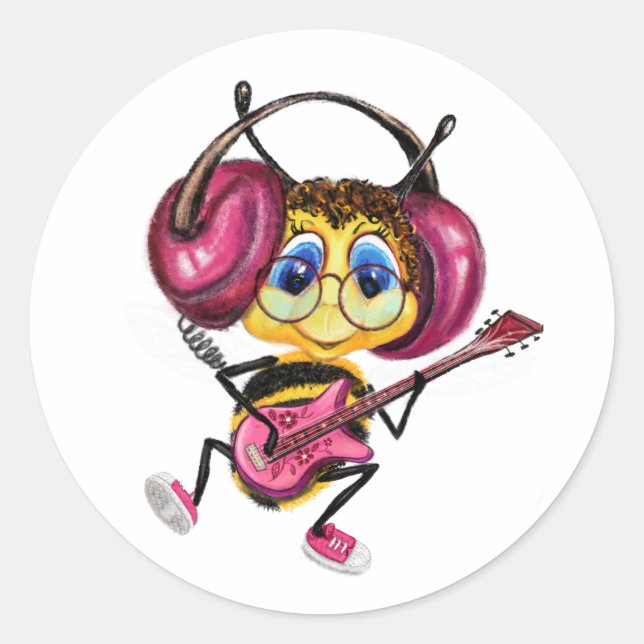 Funny Sticker mit Guitar Player Bee (Vorderseite)