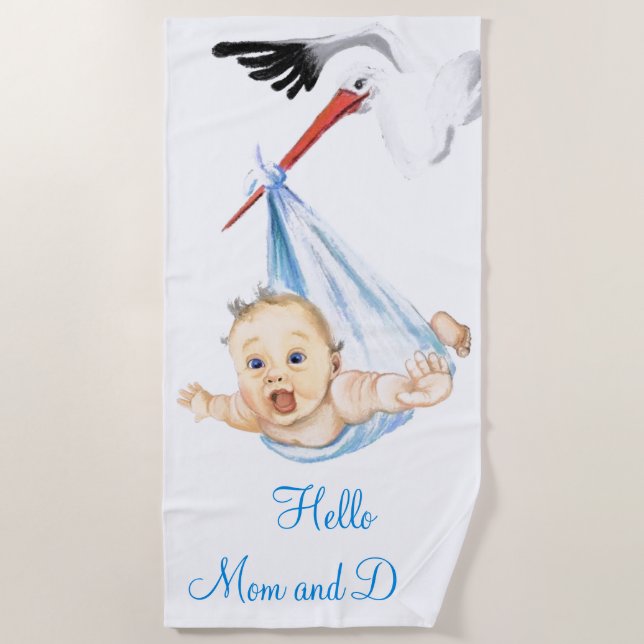 Funny Storch Tragend Baby Beach Handtuch Custom Te (Vorderseite)