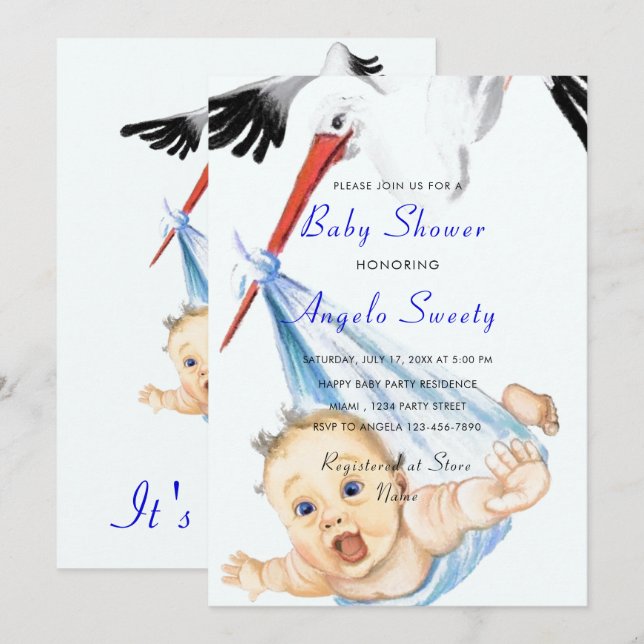 Funny Stork Carry Baby Boy Dusche Einladung (Vorne/Hinten)