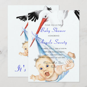 Funny Stork Carry Baby Boy Dusche Einladung