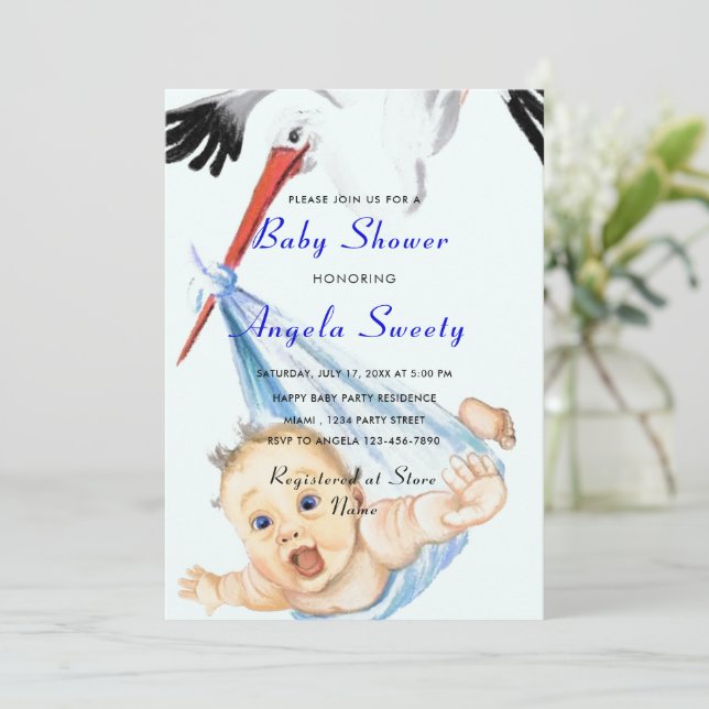 Funny Stork Carry Baby Boy Dusche Einladung (Stehend Vorderseite)