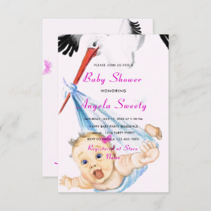 Funny Stork portant bébé fille douche Invitation