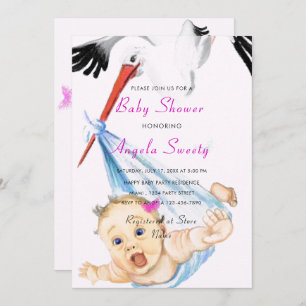 Funny Stork portant bébé fille douche Invitation