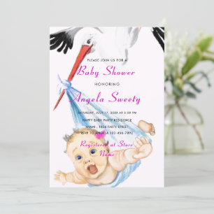 Funny Stork portant bébé fille douche Invitation