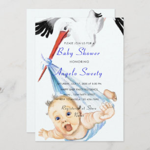 Funny Stork portant bébé garçon douche Invitation