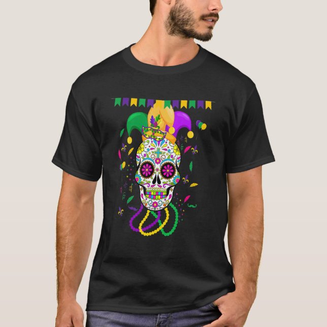 Funny Sugar Skull Carnival Mask Jester Hat Mardi G T-Shirt (Vorderseite)