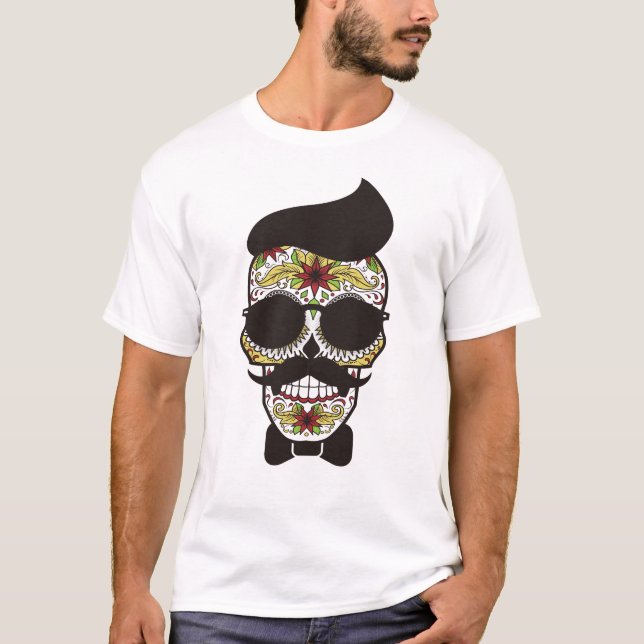 Funny Sugar Skull Hipster Mustache Nerd Halloween T-Shirt (Vorderseite)