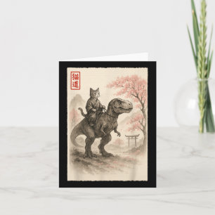 Funny Sumi-e Kawaii Cat Riding Dinosaur Japanisch Karte