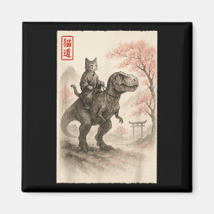 Funny Sumi-e Kawaii Cat Riding Dinosaur Japanisch Magnet