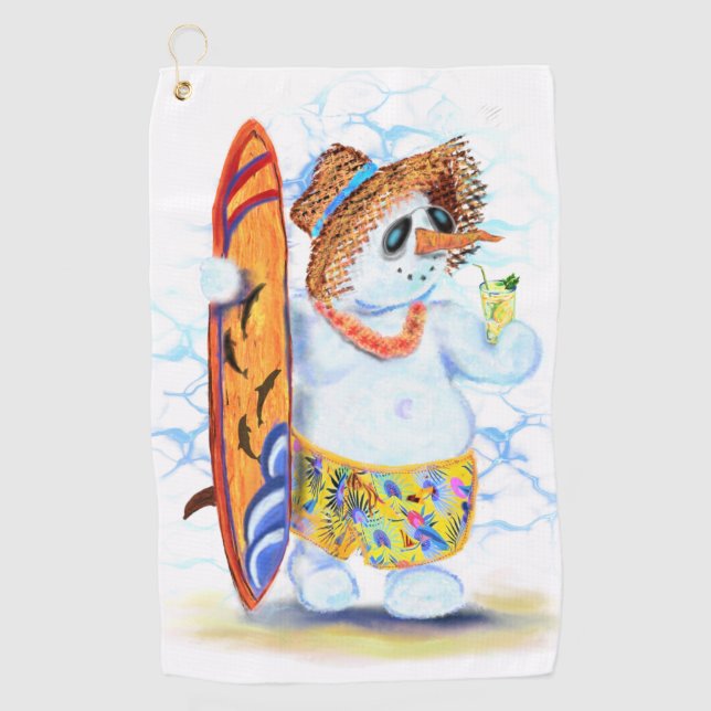 Funny Summer Snowman Surfer Drinks Frische Cocktai Golfhandtuch (Vorderseite)