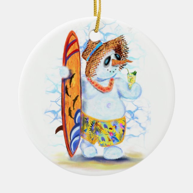 Funny Summer Snowman Surfer Drinks Frische Cocktai Keramik Ornament (Vorne)