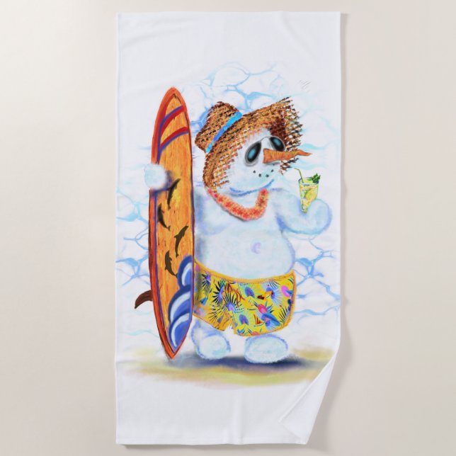 Funny Summer Snowman Surfer Drinks Frische Cocktai Strandtuch (Vorderseite)