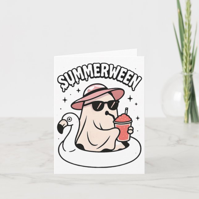 Funny Summerween Ghost Pink schweben in Flamingo C Karte (Vorderseite)