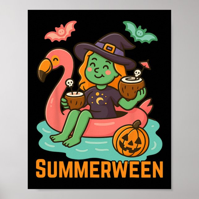 Funny Summerween Niedliche Hexe in Flamingo G Poster (Vorne)