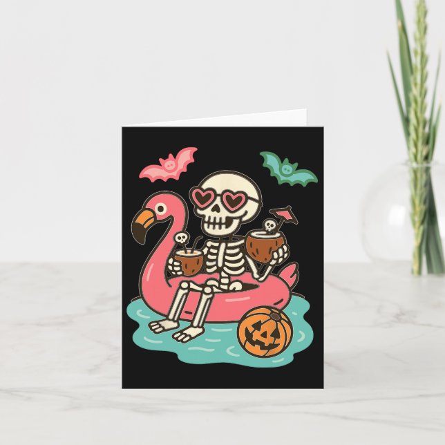 Funny Summerween Skelett schweben in Flamingo Cut Karte (Vorderseite)