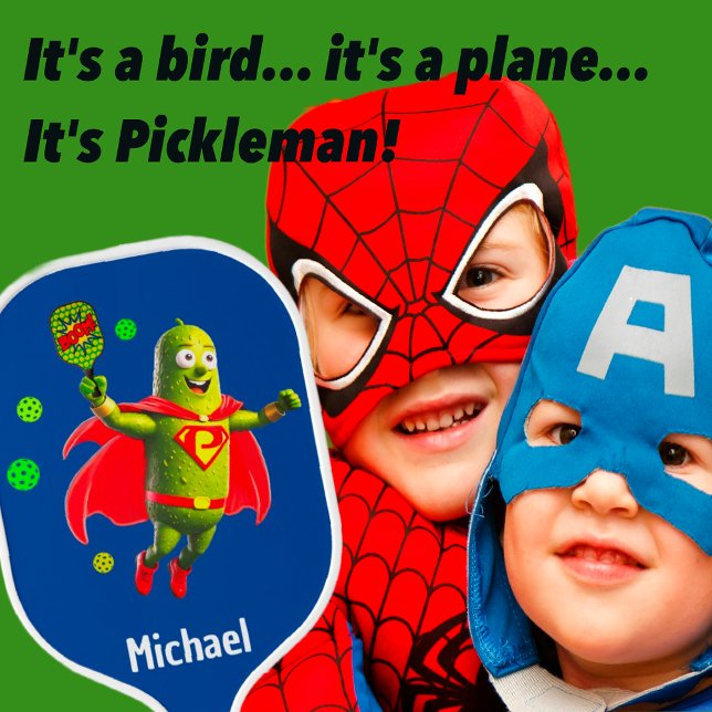 Funny Super Pickleman auf Blue Personalisiert Pickleball Schläger (It's Super Pickleman! Fun and Humorous Design for all ages, especially our younger players!)