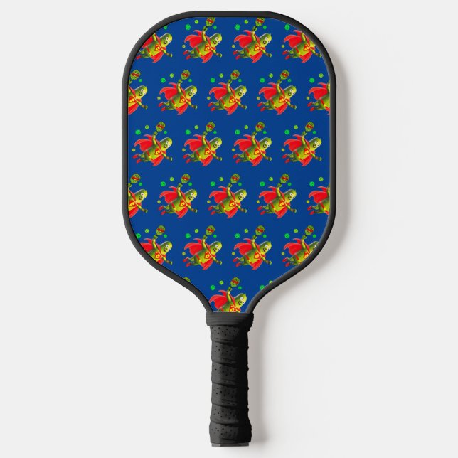 Funny SuperPickleman über dunkelblauer Hintergrund Pickleball Schläger (Vorderseite)