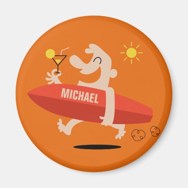 Funny Surfer mit Cocktail individuelle Name Magnet (Vorne)