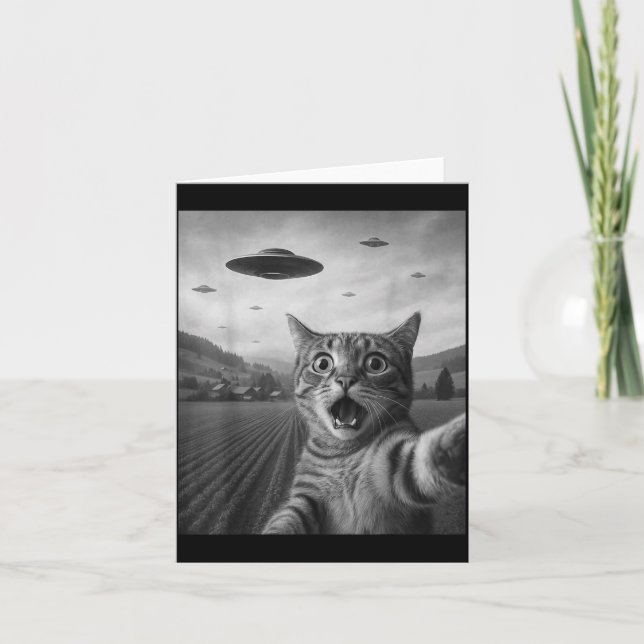 Funny Surprised Ed Cat Selfie With Alien Ufo Cat U Karte (Vorderseite)