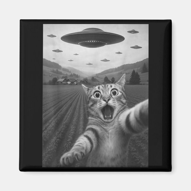 Funny Surprised Ed Cat Selfie With Alien Ufo Cat U Magnet (Vorne)