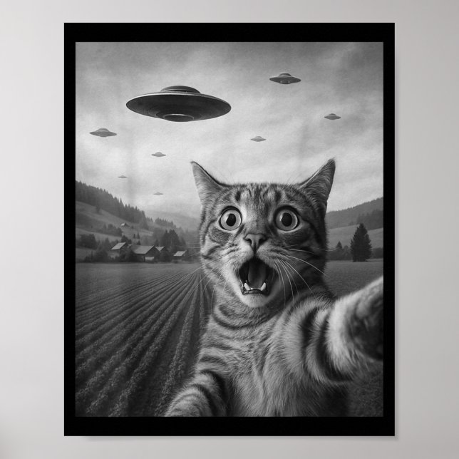 Funny Surprised Ed Cat Selfie With Alien Ufo Cat U Poster (Vorne)