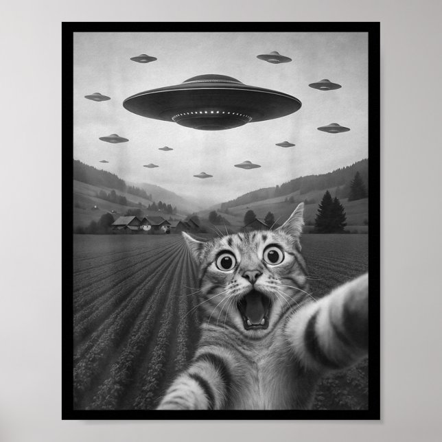 Funny Surprised Ed Cat Selfie With Alien Ufo Cat U Poster (Vorne)