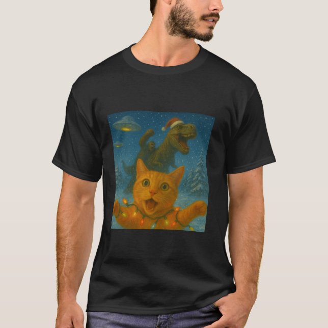 Funny Surprised Scared Cat Selfie T Rex Dinosaur B T-Shirt (Vorderseite)