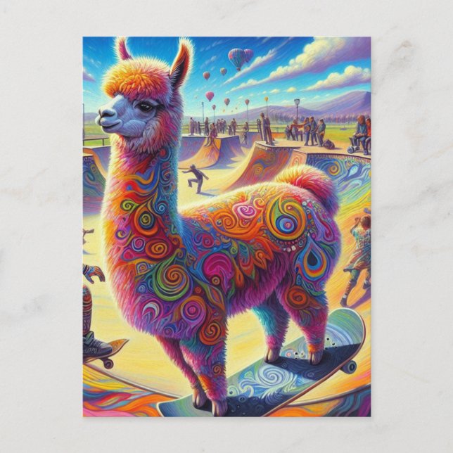 Funny Surreal Llama Skateboarding Postkarte (Vorderseite)
