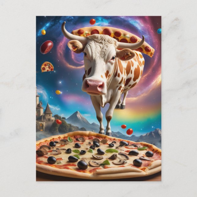 Funny Surreal Pizza Kuh farbenfrohe Collage Postkarte (Vorderseite)