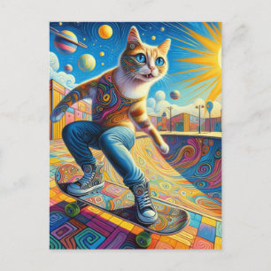 Funny Surreal Skateboarding Kitty Postkarte