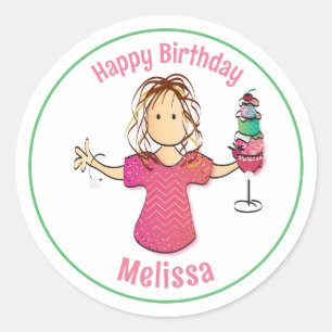 Funny Sweet Female Cartoon Happy Birthday Geschenk Runder Aufkleber