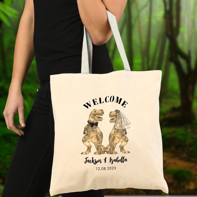 Funny T Rex Braut und Groom Wedding Willkommen Tragetasche (T-Rex bride and groom dinosaur wedding welcome tote bag)