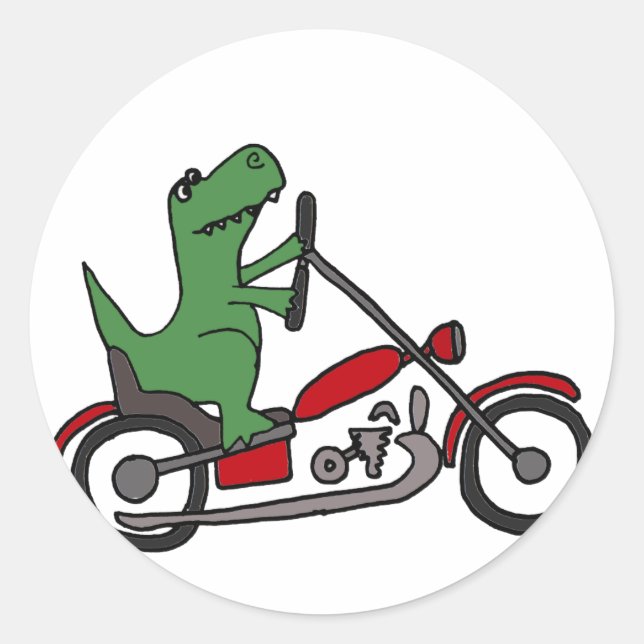 Funny T-rex Dinosaur auf Red Motorrad Runder Aufkleber (Vorderseite)