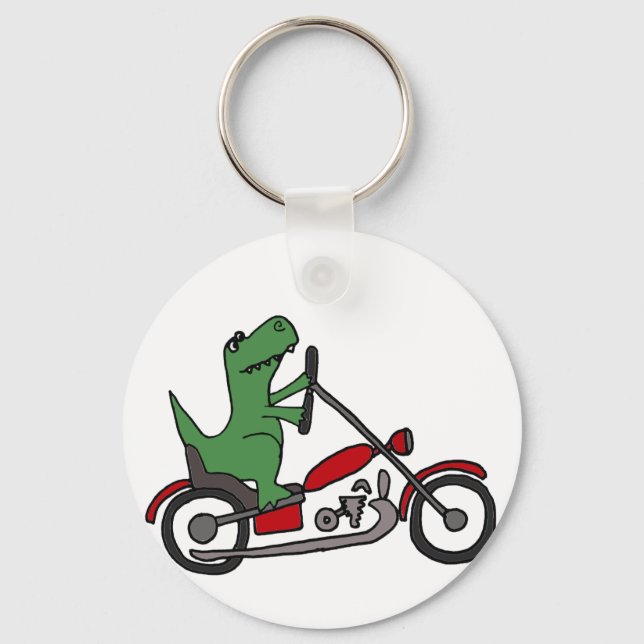 Funny T-rex Dinosaur auf Red Motorrad Schlüsselanhänger (Vorderseite)