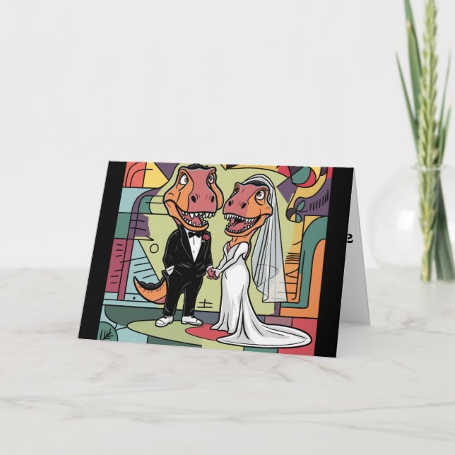 Funny T-rex Dinosaur Bride und Groom Wedding Art Karte (Vorderseite)