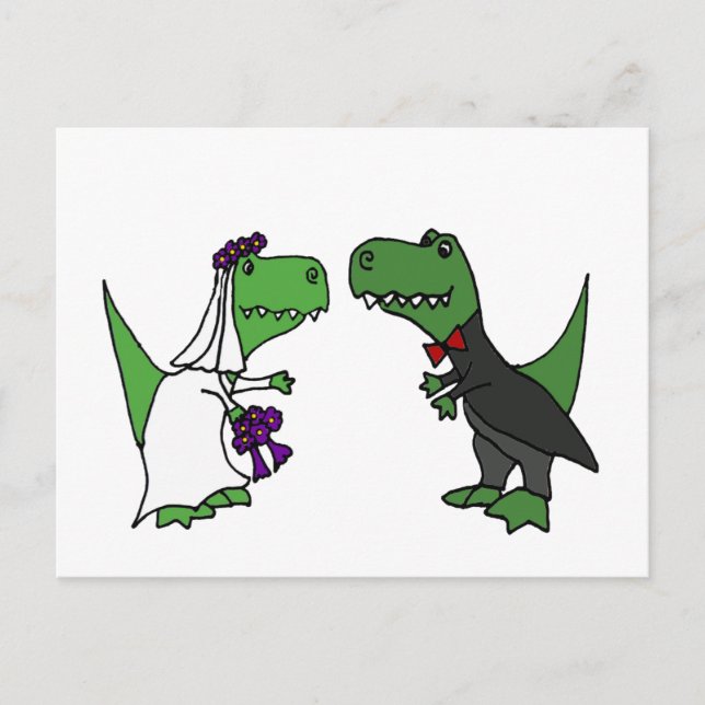 Funny T-rex Dinosaur Bride und Groom Wedding Art Postkarte (Vorderseite)