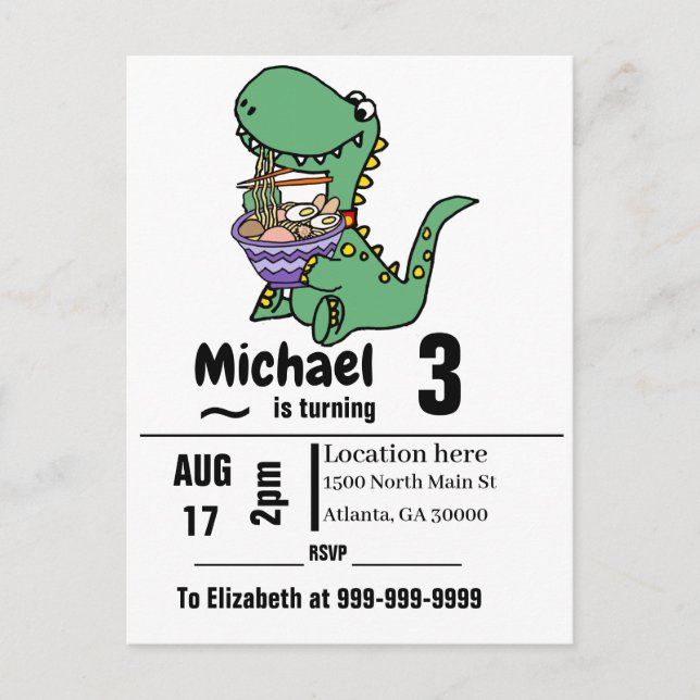 Funny T-rex Dinosaur eating Ramen Noodles Einladungspostkarte (Vorderseite)