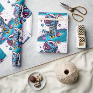 Funny T-Rex Dinosaur im Weltraum Geschenkpapier