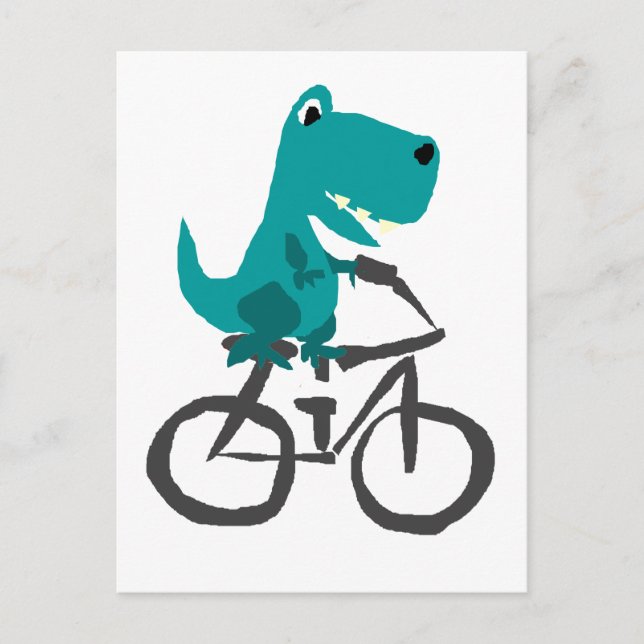 Funny T-rex Dinosaur Reiten Fahrrad Cartoon Postkarte (Vorderseite)