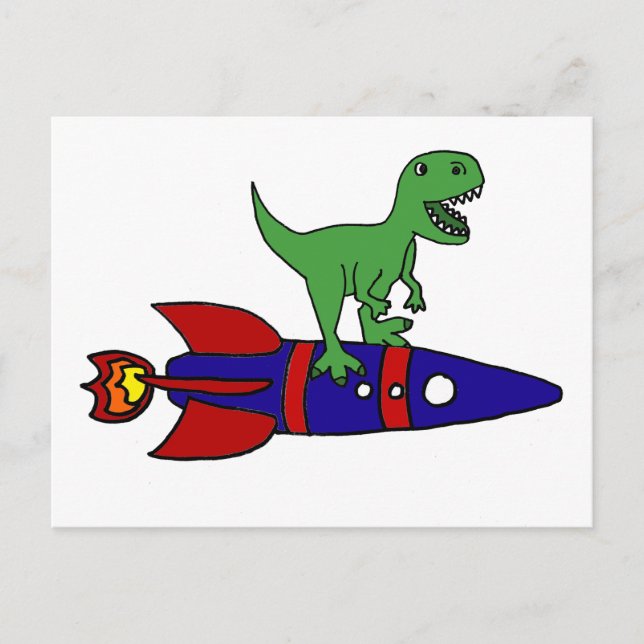 Funny T-Rex Dinosaur Reiten Rocketship Cartoon Postkarte (Vorderseite)
