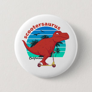 Funny T-Rex Dinosaur Riding Scooter Scootersaurus Button