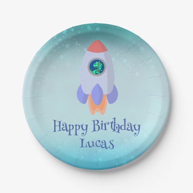 Funny T-rex Dinosaurier Rakete Kind Schulkind Gebu Pappteller (Vorderseite)